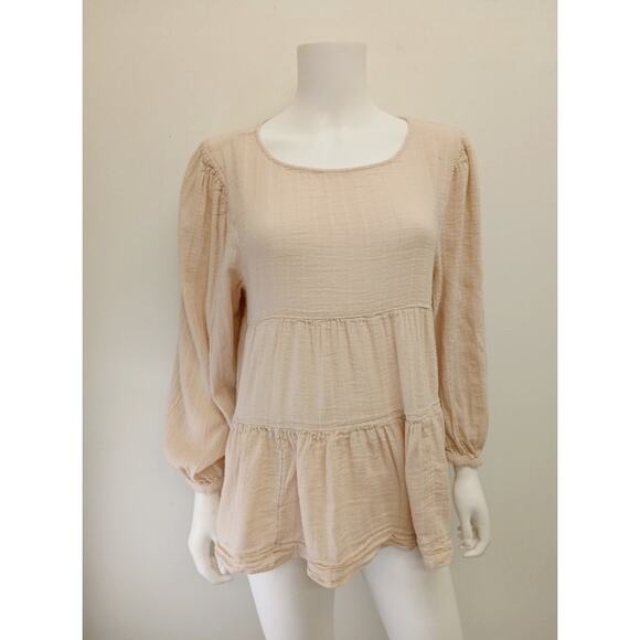 American Eagle Outfitters Tiered Babydoll Top Blouse Large Beige Long Sleeve - Picture 4 of 13